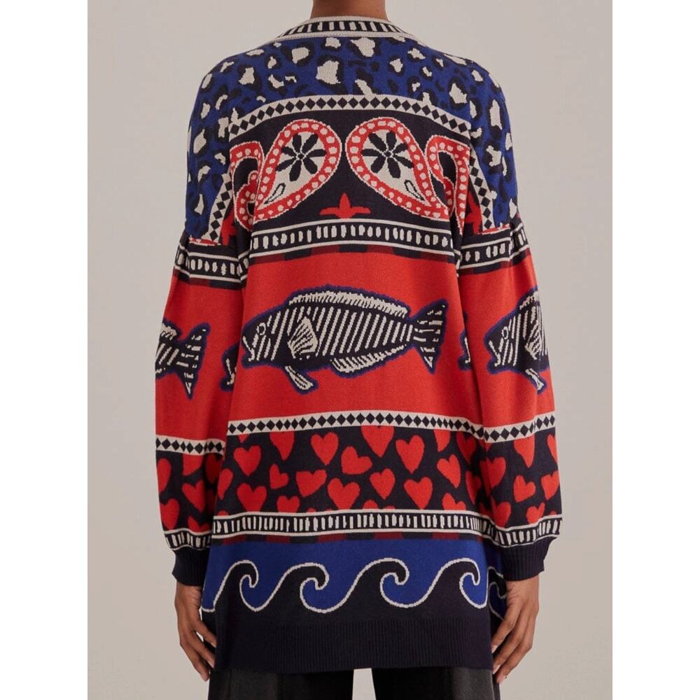 Farm Rio Art to Wear Fair Isle Knit Cardigan Sweater Hearts Fish Waves Small - Picture 13 of 14